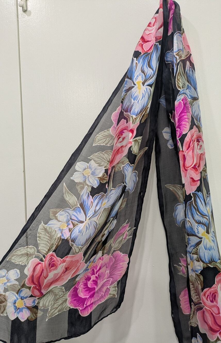 Vintage Head Scarf Floral Black Chiffon Pink Rose Iris Romantic Cottagecore